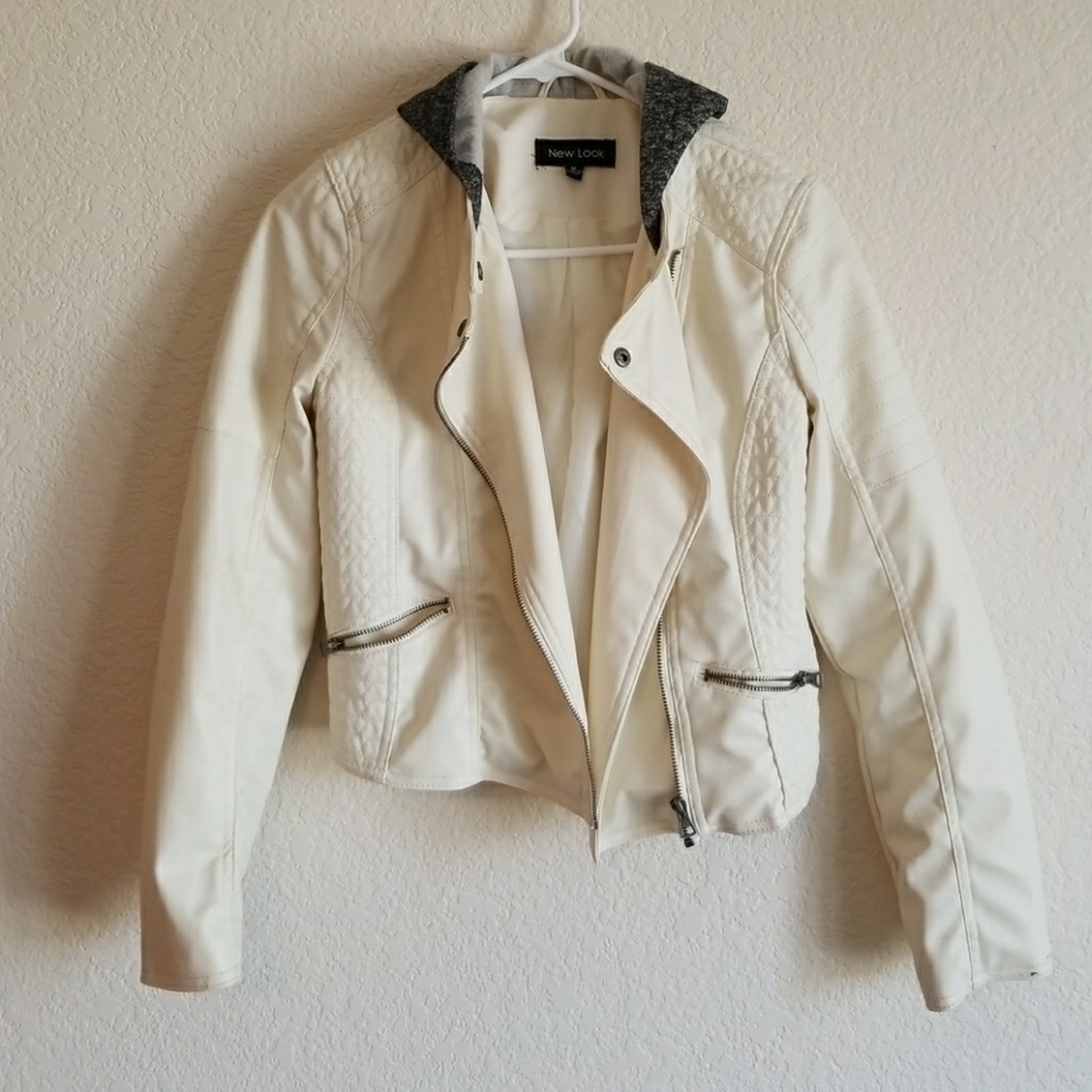 White, fuax leather jacket with black hood